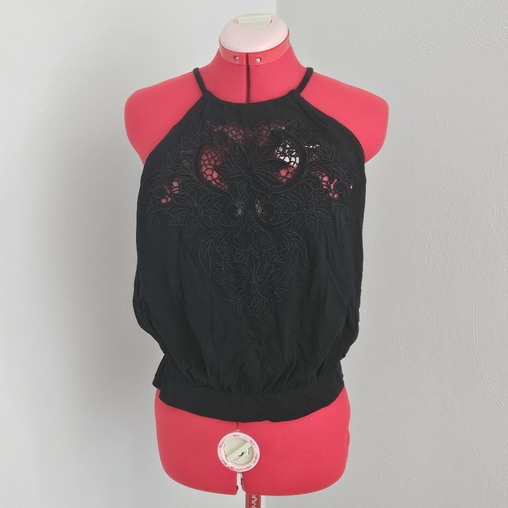 NWT Black Express Tie Neck Lace Top